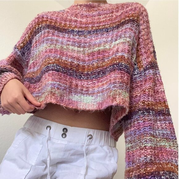 Womens Multicolored Knit Crop Sweater Size XL - Picture 2 of 6